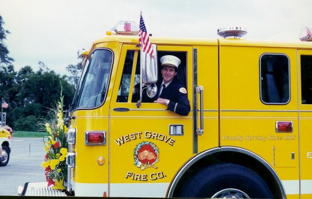 Driving the new engine is Deputy Chief Jeff Simpson, 1998 Housing